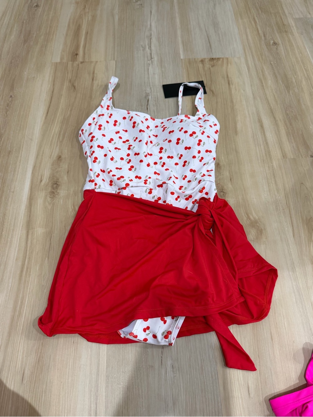 Cherry Print One-Piece Swim Dress with Red Skirt